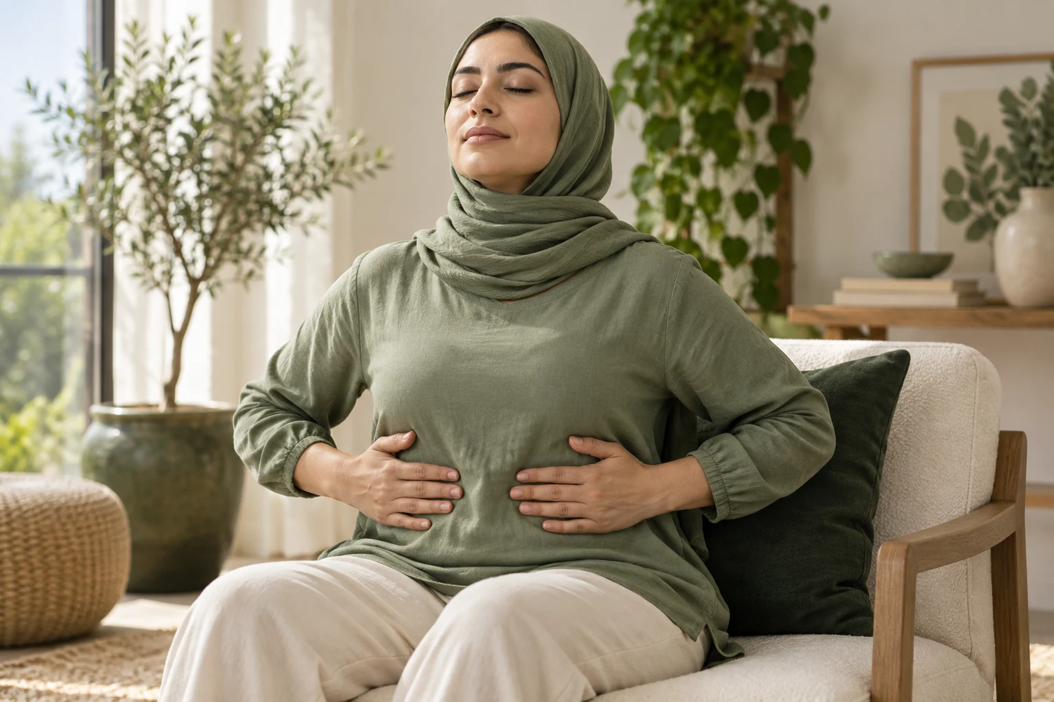 Une femme assise pose les mains sur son abdomen pendant un exercice respiratoire