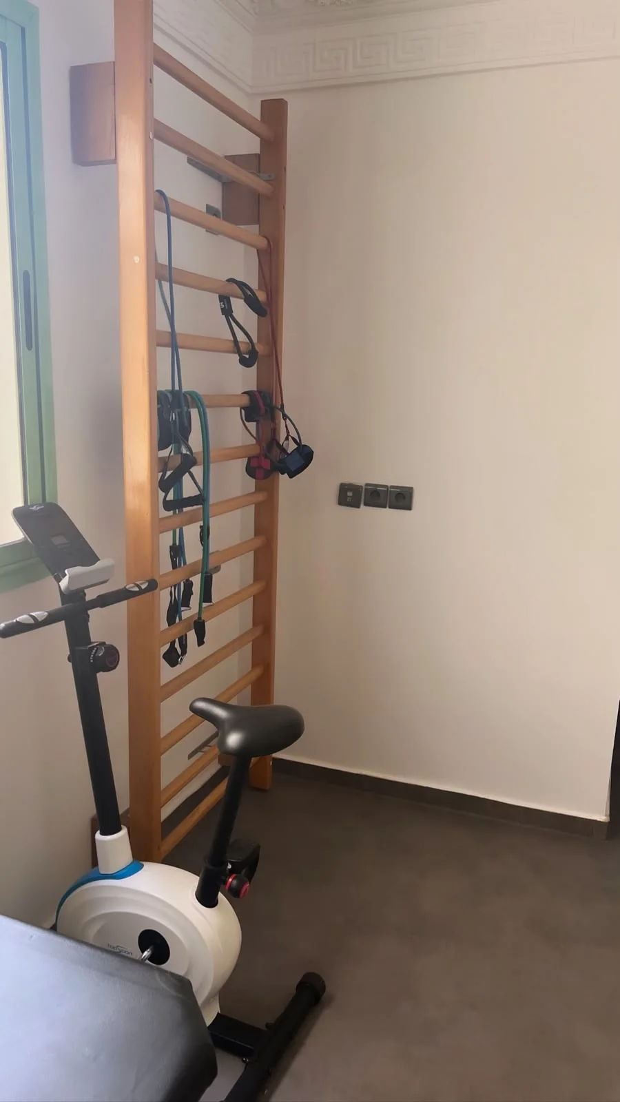 Espace de rééducation PhysioFlex avec vélo stationnaire et espalier