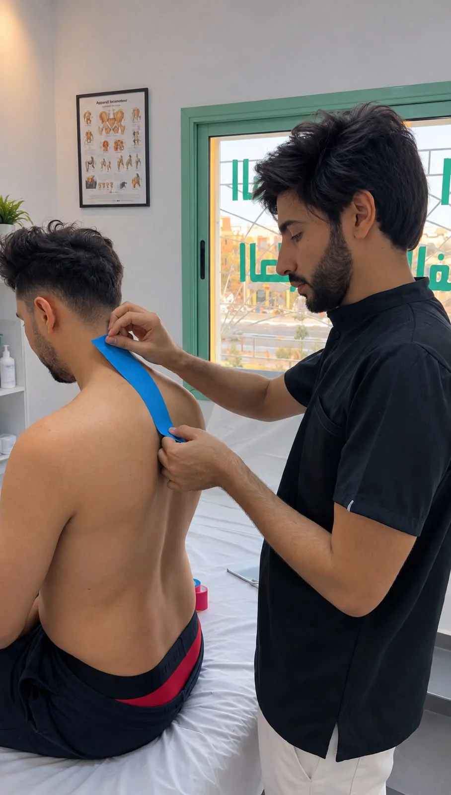 Abdellatif Edlaoui appliquant des bandes sur le haut du dos chez PhysioFlex
