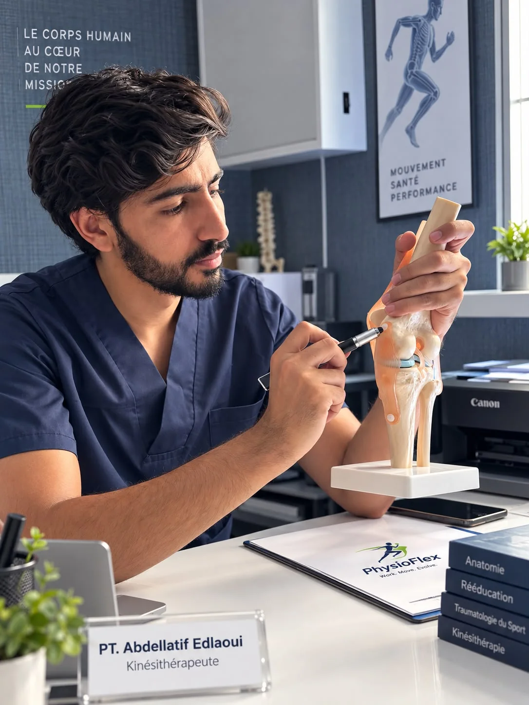 Abdellatif Edlaoui expliquant un modèle anatomique du poignet chez PhysioFlex