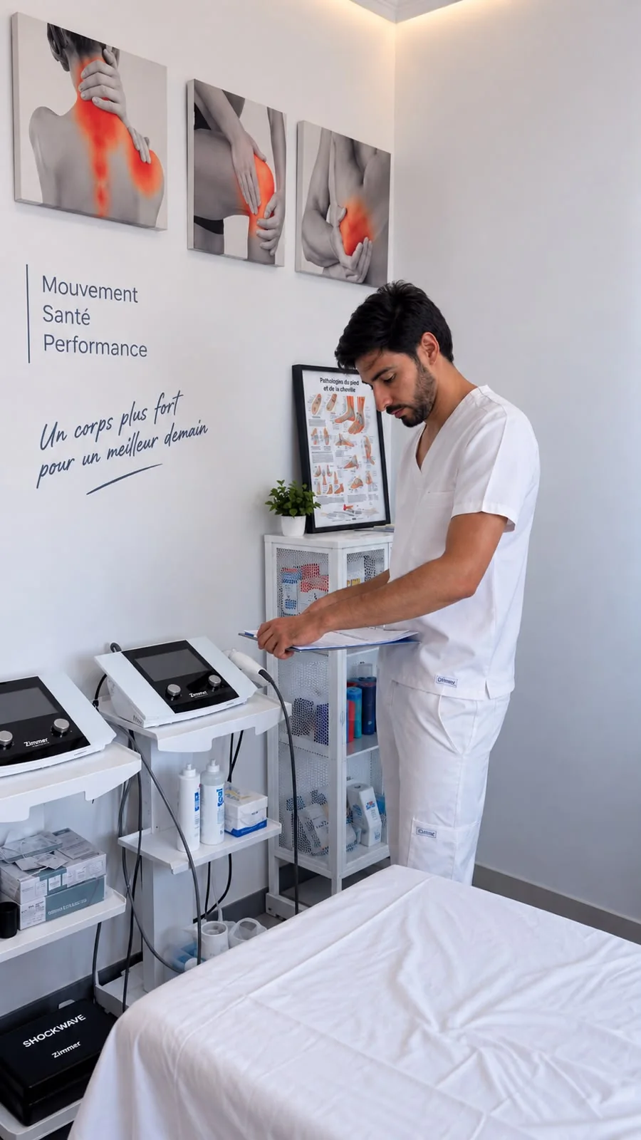 Abdellatif Edlaoui réglant un appareil près de la table de soins chez PhysioFlex