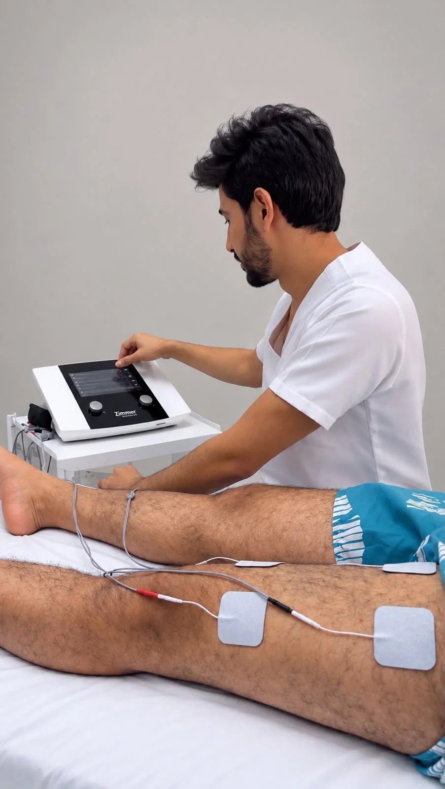 Abdellatif Edlaoui utilisant un appareil avec des électrodes placées sur les jambes