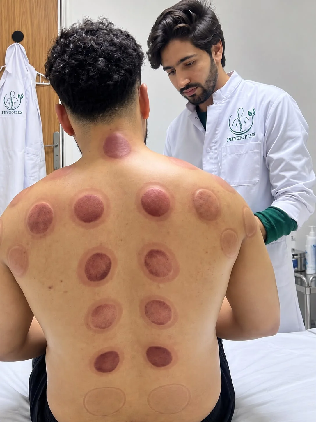 Patient présentant des marques circulaires de cupping dans le dos chez PhysioFlex