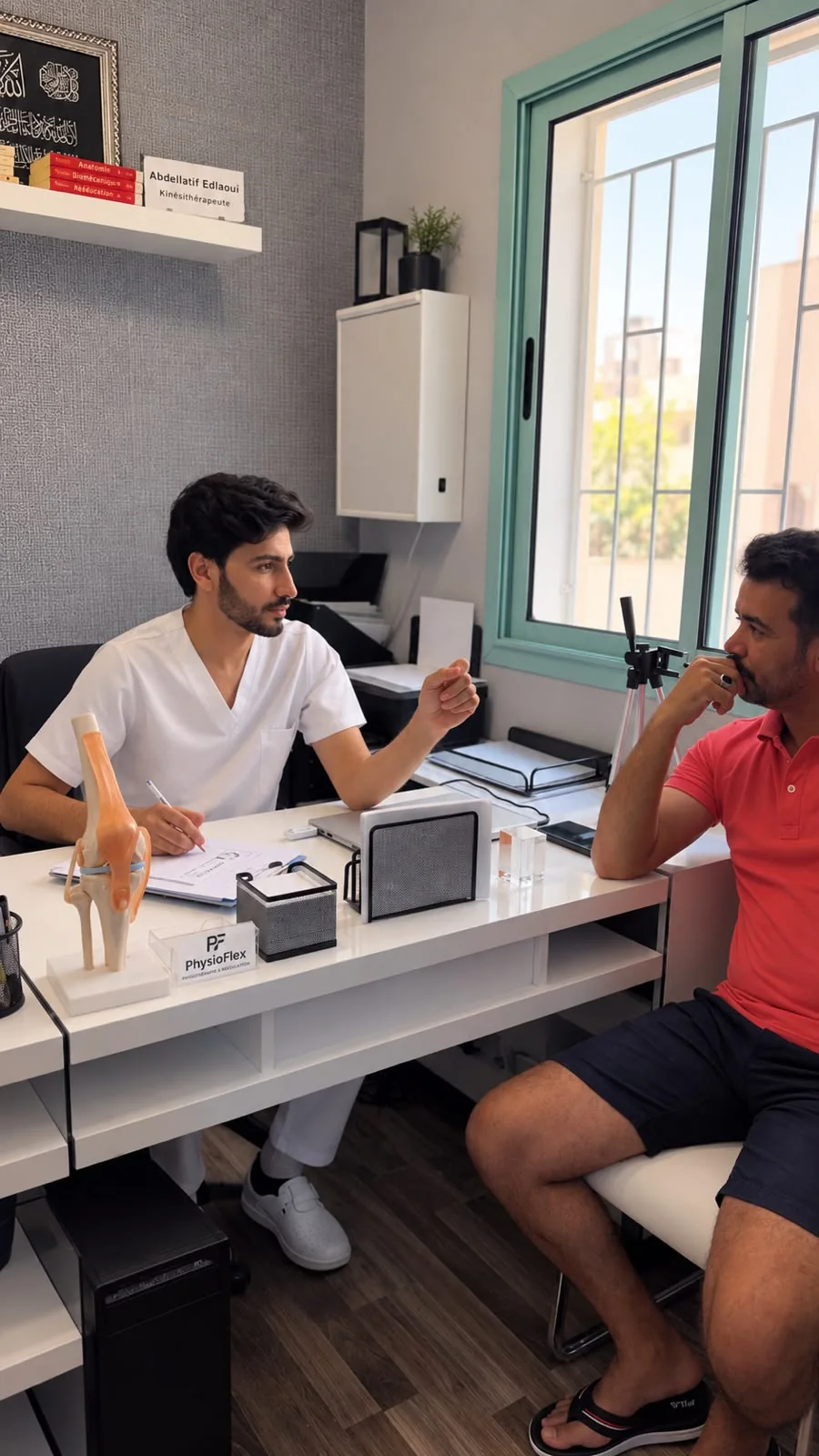 Abdellatif Edlaoui échangeant avec un patient dans son bureau chez PhysioFlex