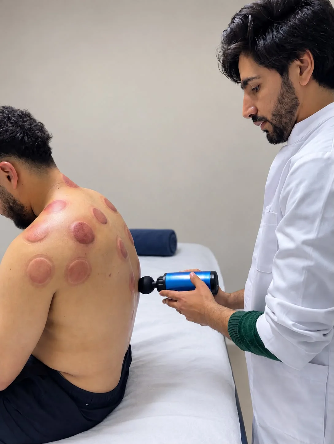 Abdellatif Edlaoui utilisant un outil portatif sur un dos présentant des marques de cupping