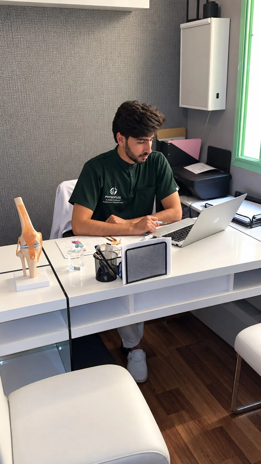 Abdellatif Edlaoui travaillant sur son ordinateur dans son bureau chez PhysioFlex