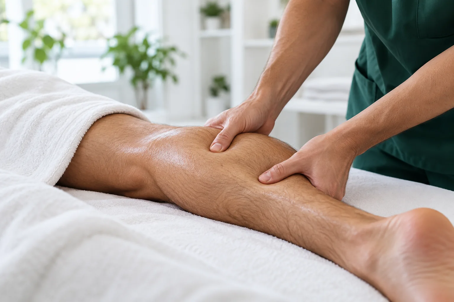 Des mains massent le mollet pendant un massage thérapeutique
