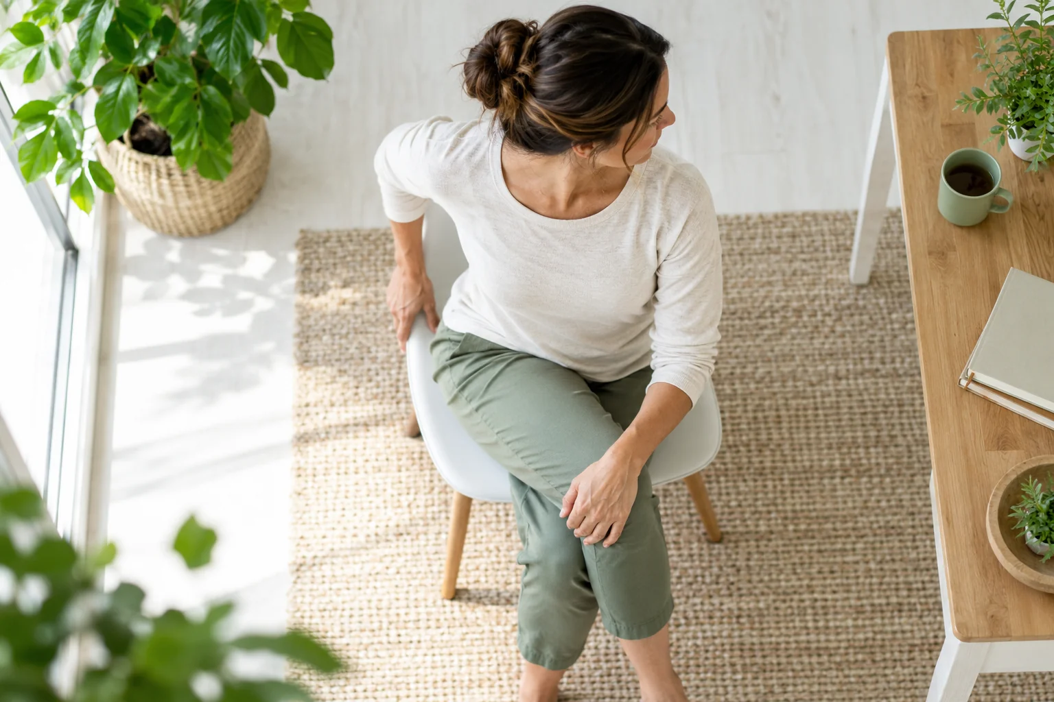 A seated woman places her hands on her bent knee