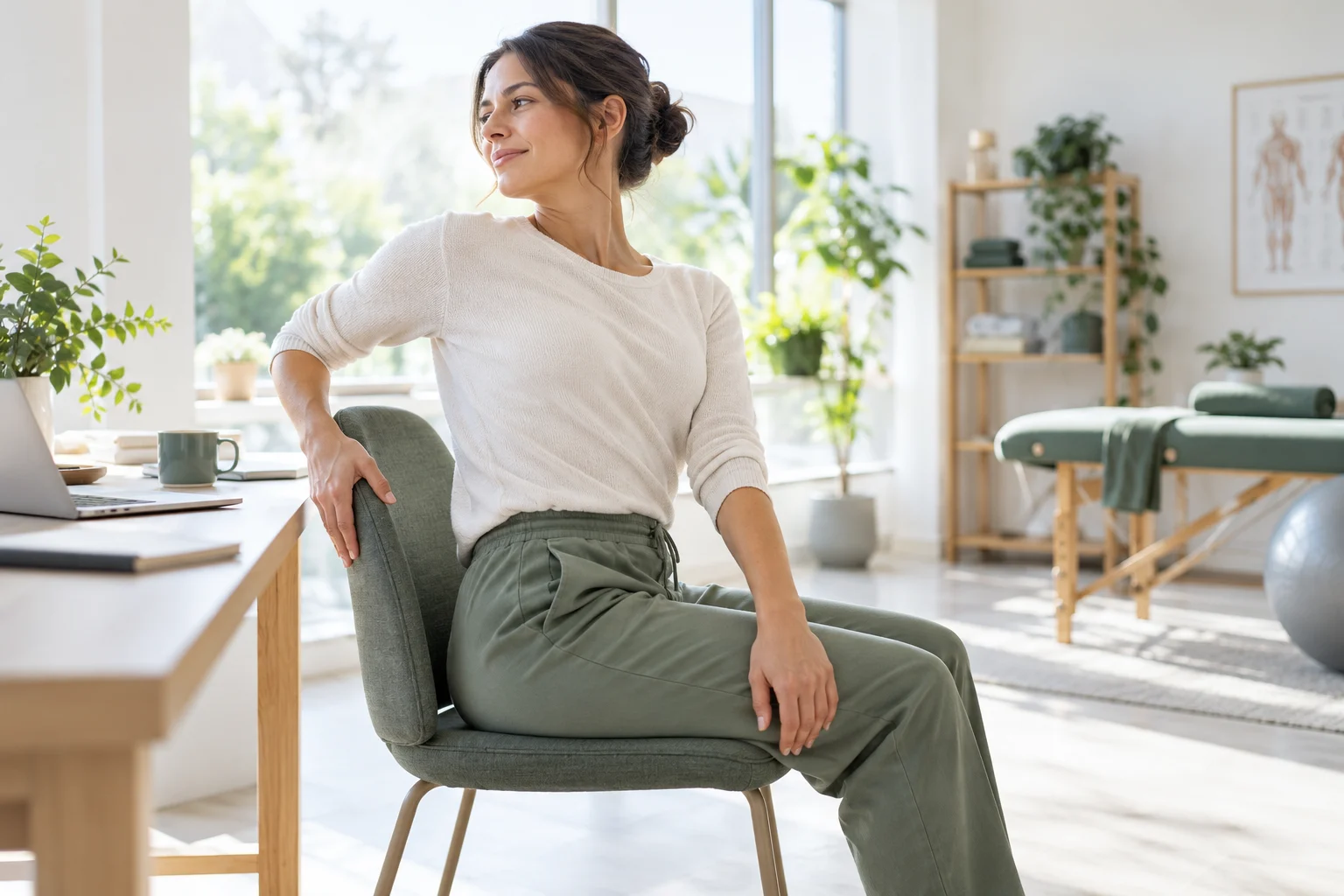 Seated woman performing a gentle trunk rotation near a desk