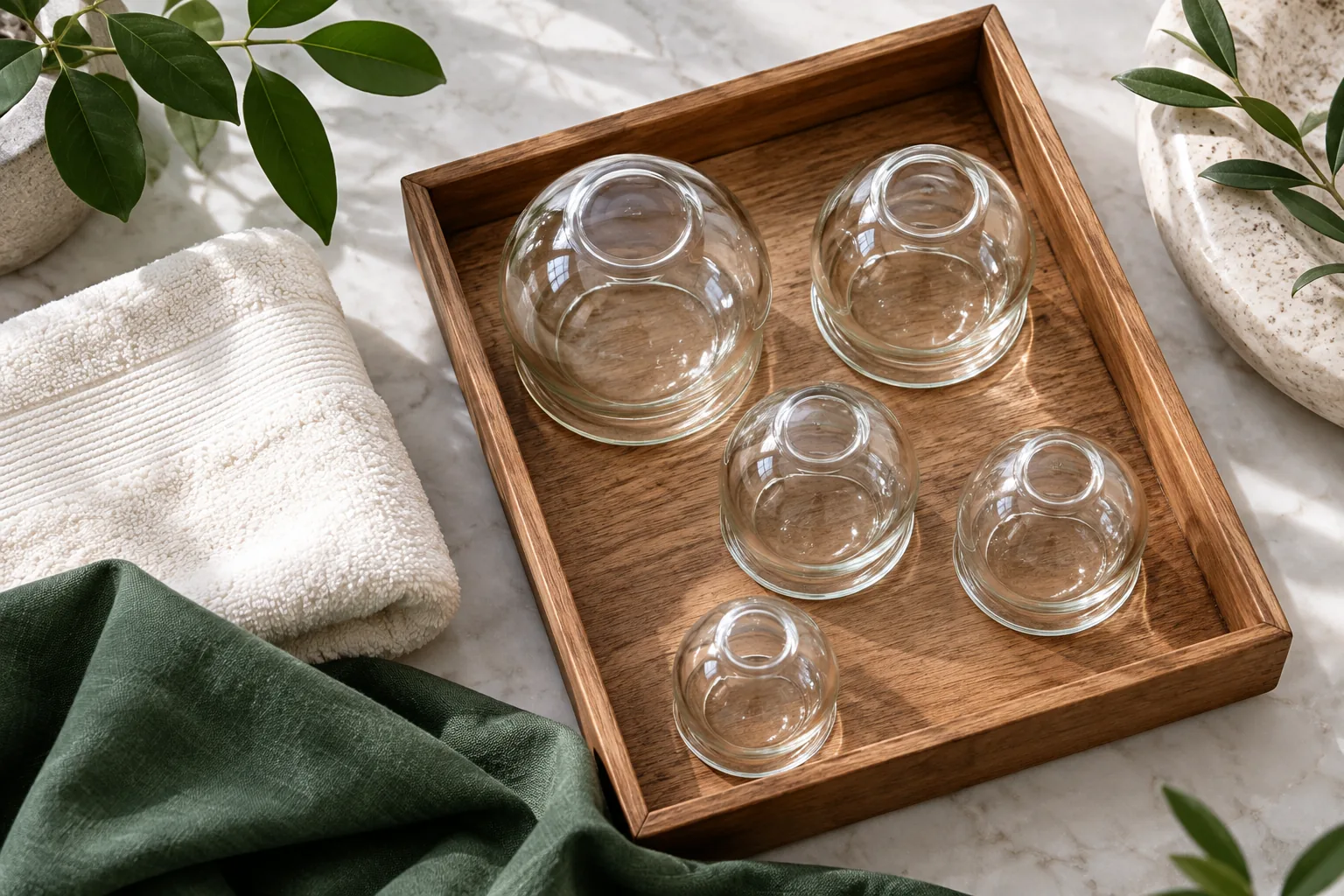 Clean glass cupping vessels and folded towel