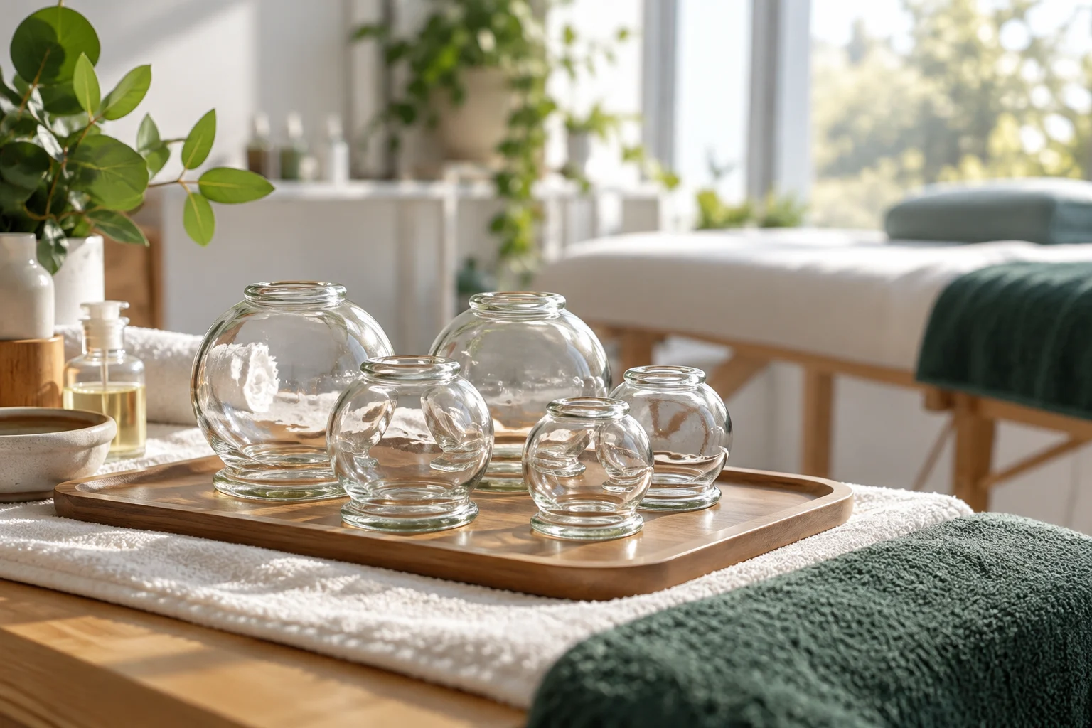 Glass cupping vessels on a tray over a clean towel
