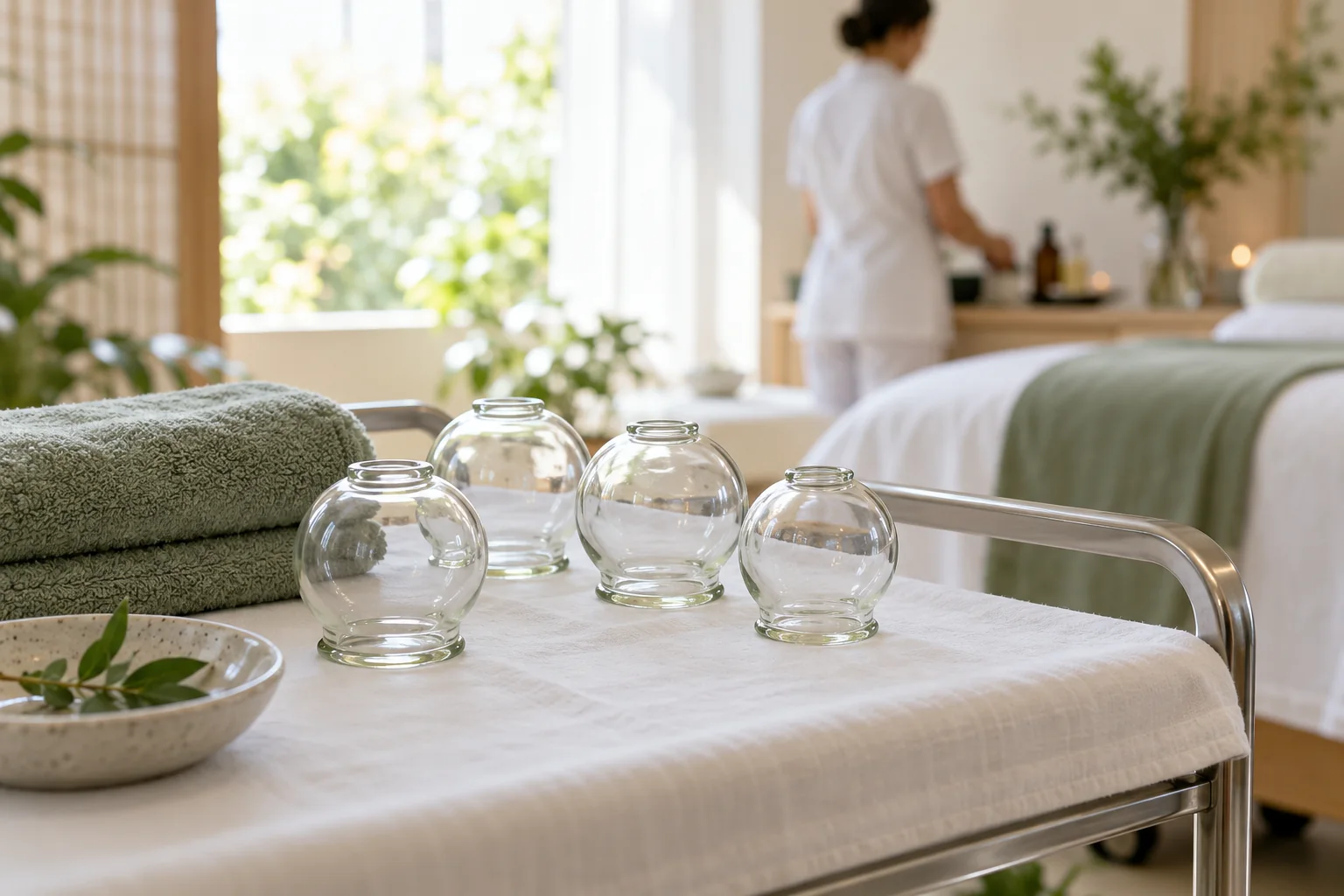 Clean glass cupping vessels arranged on a towel