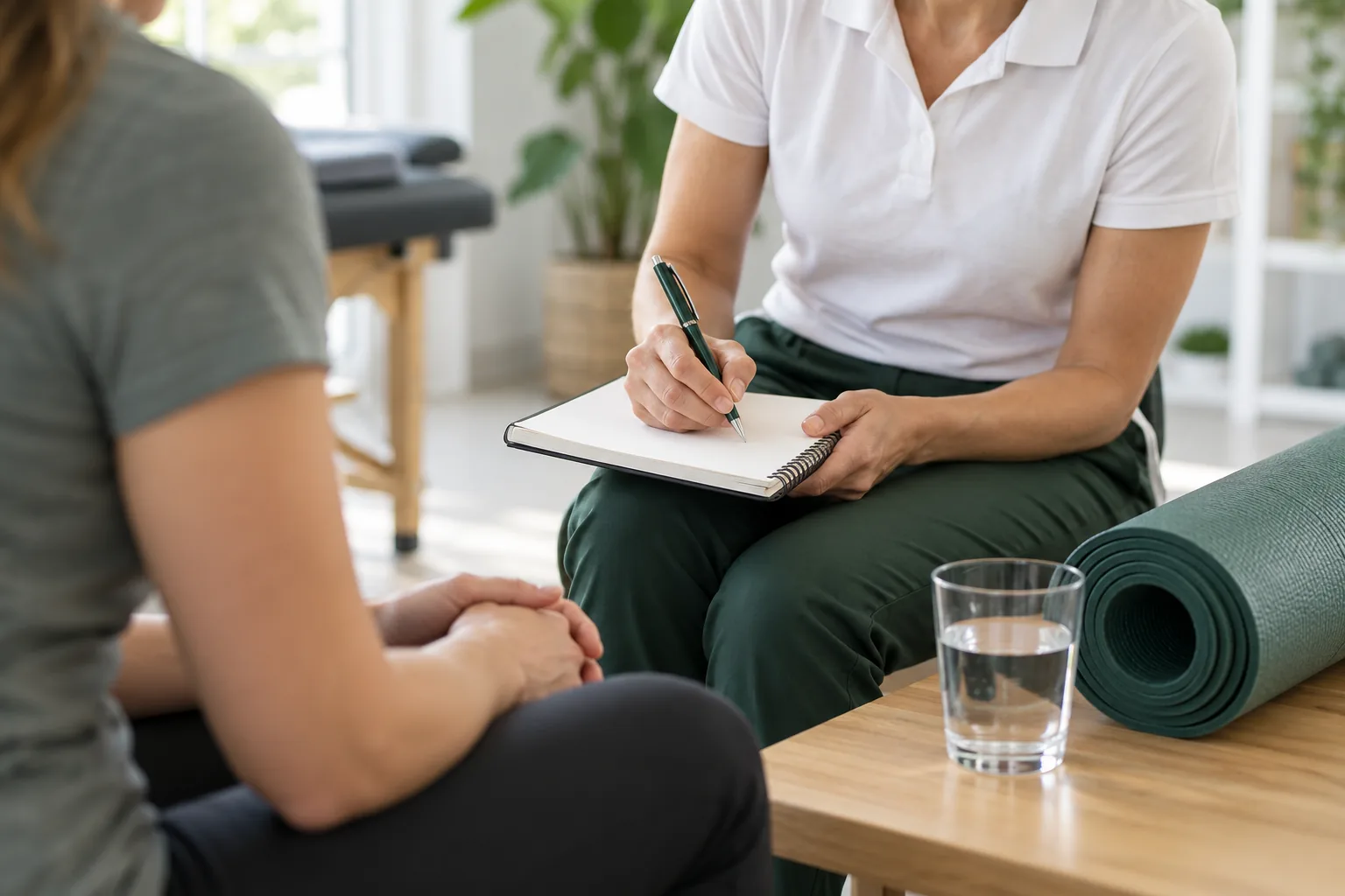 Une femme échange avec une professionnelle tenant un carnet près d’un tapis d’exercice