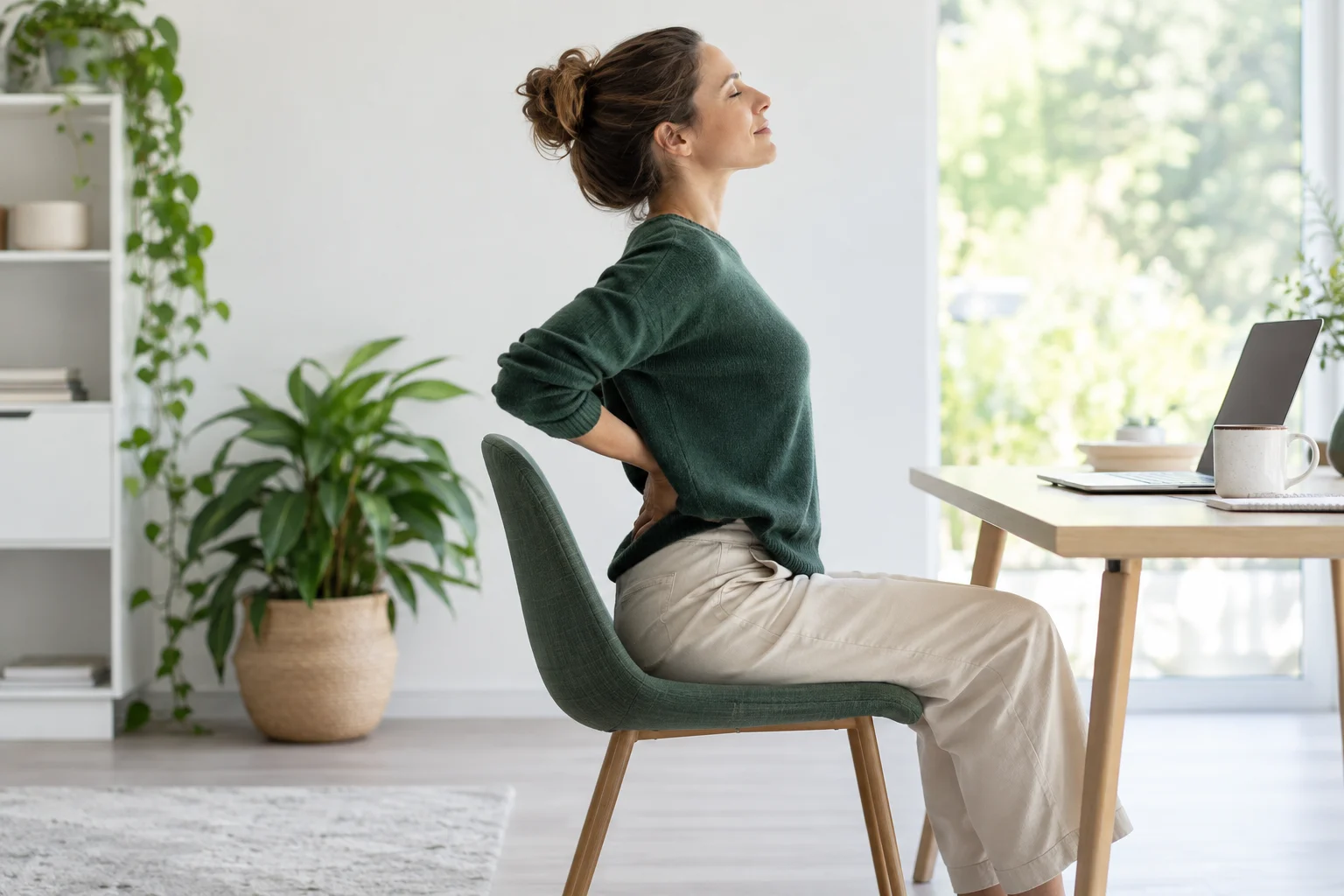 Mouvement doux du bas du dos en position assise près d’un bureau