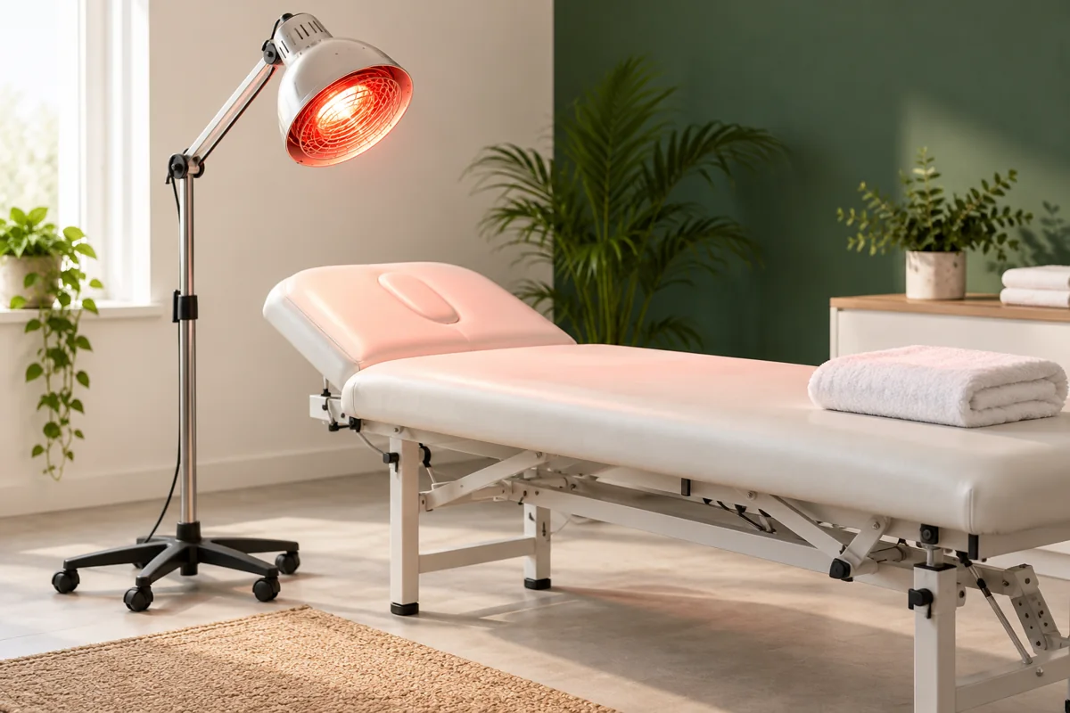 Une lampe infrarouge près d’une table de soin et d’une serviette