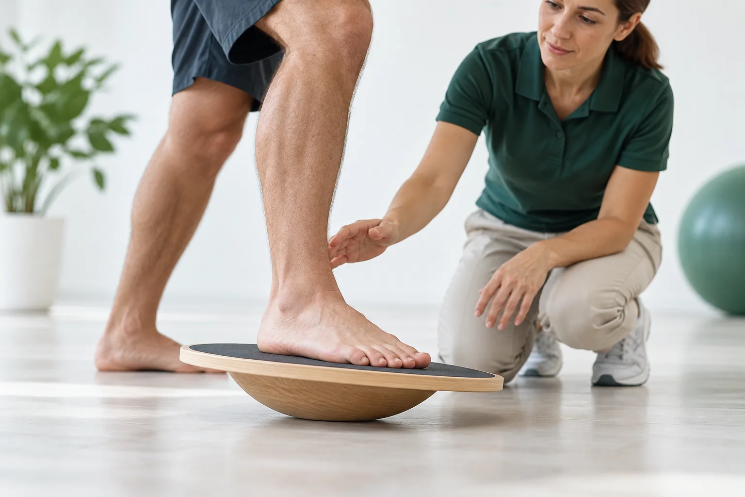 Exercice d’équilibre de la cheville sur une planche instable avec une professionnelle
