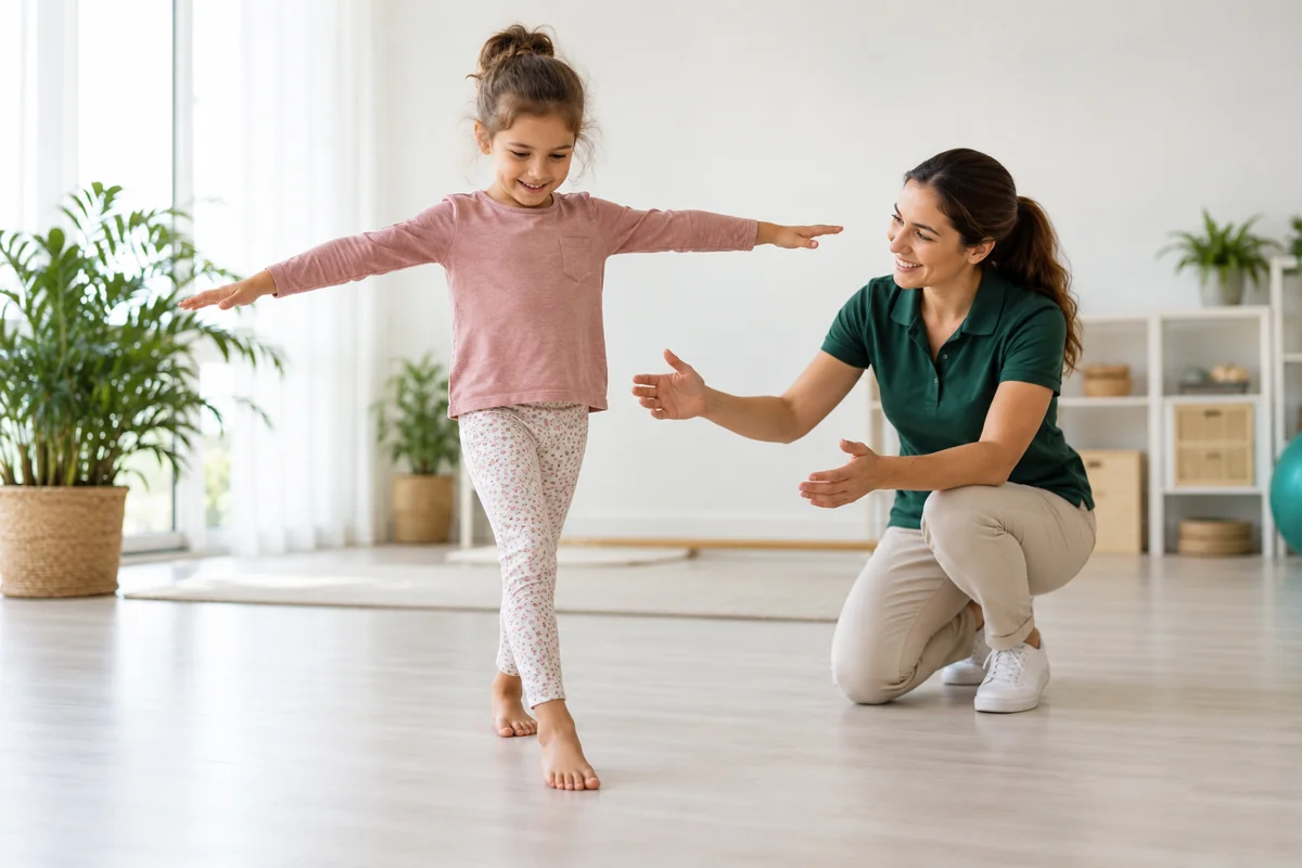 Un enfant pratiquant un exercice d’équilibre en rééducation pédiatrique