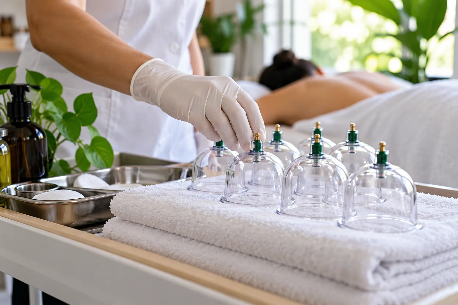 Des mains gantées placent des ventouses sur un dos