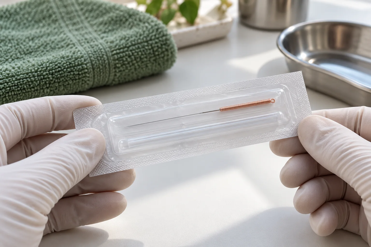 Sachet d’aiguille stérile fermé tenu par des mains gantées