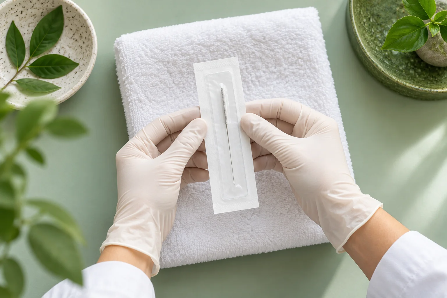 Sachet d’aiguille stérile fermé et mains gantées