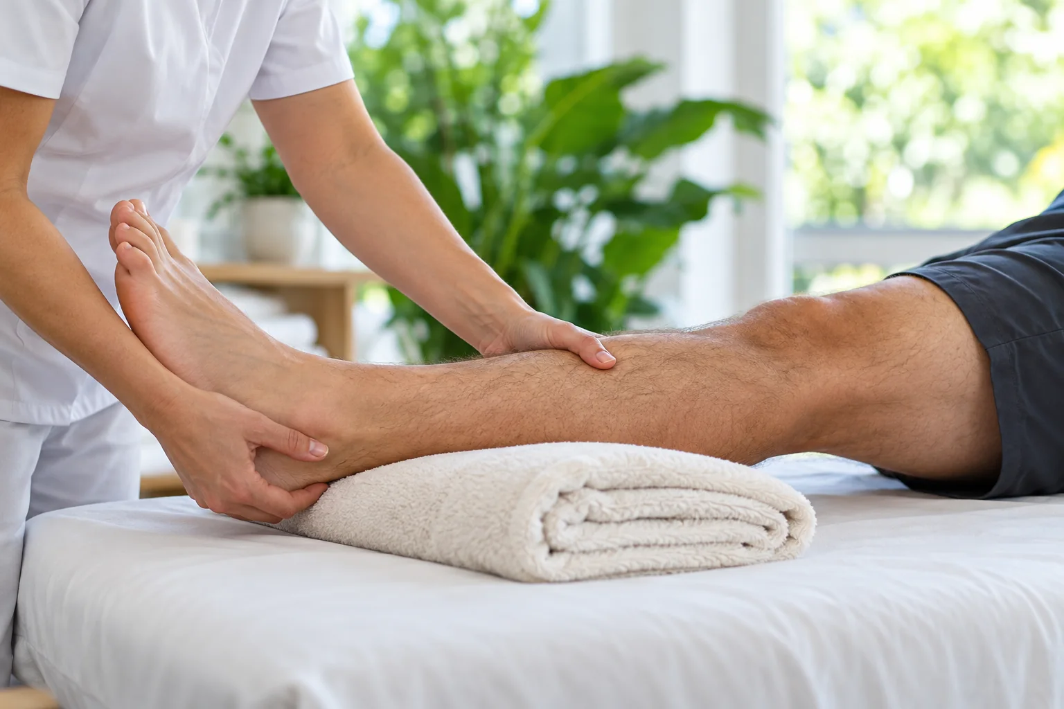 Soin manuel doux de la jambe par un professionnel
