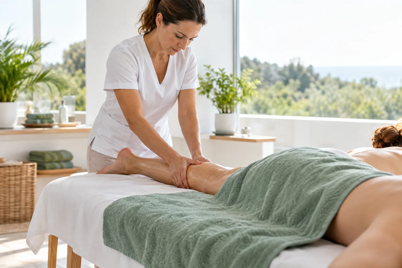 Massage doux du mollet d’une femme couverte par une serviette