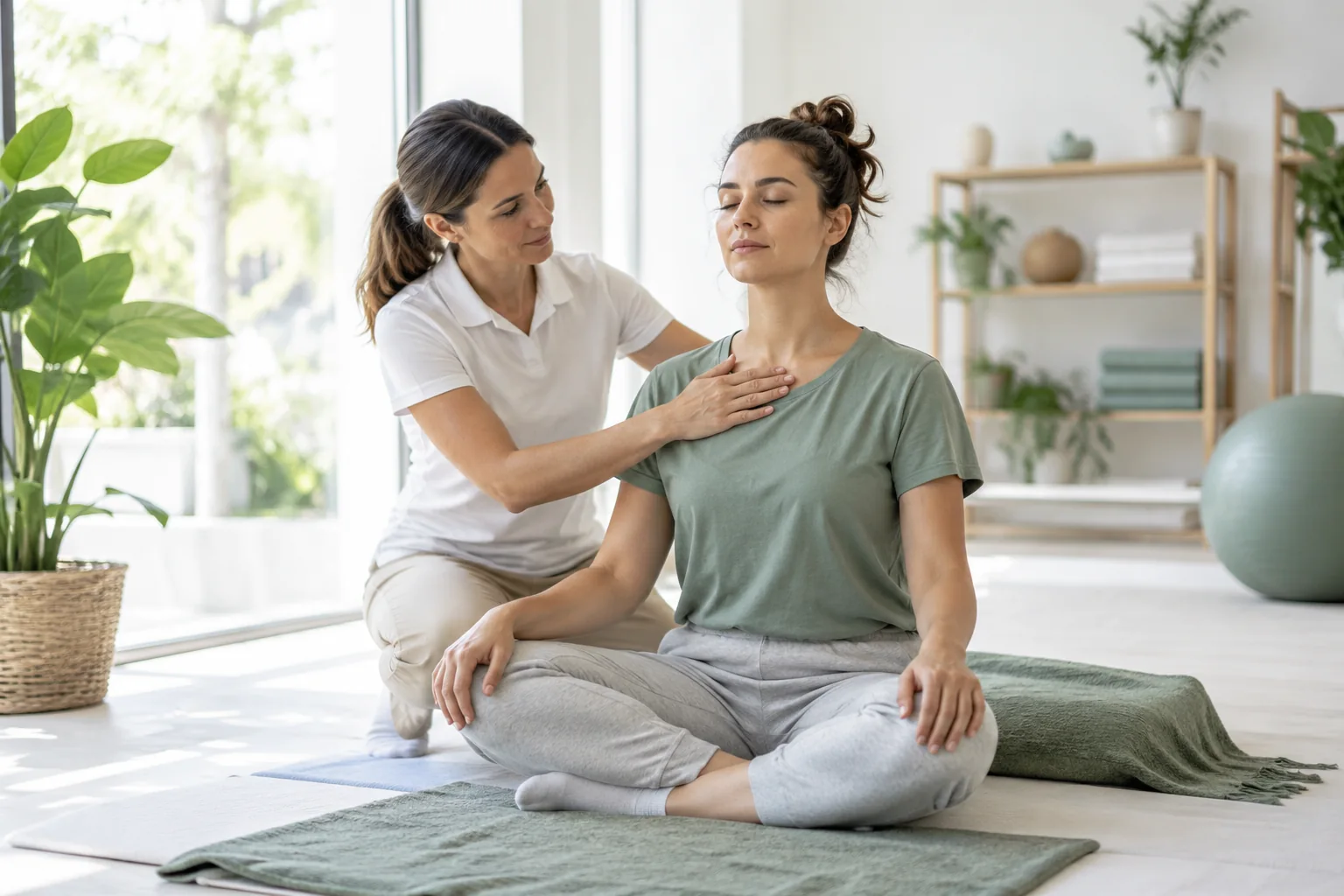 Femme pratiquant une respiration calme avec une thérapeute