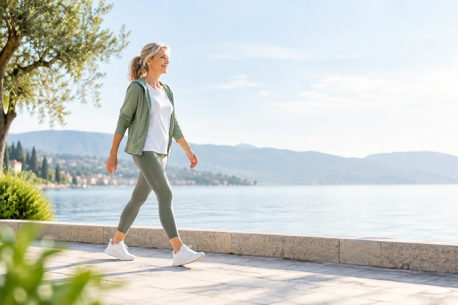Femme marchant sur une promenade lumineuse au bord de l’eau